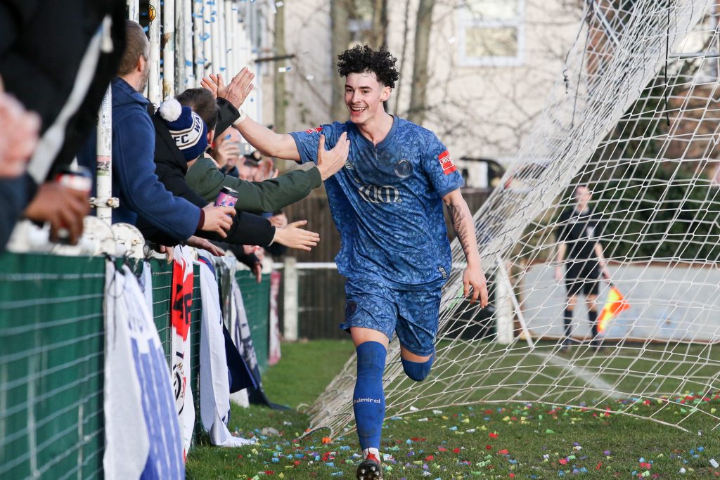 Louie Johnson of Walthamstow celebrates his hat trick which made it 5-2 during the Isthmian League North division match between Walthamstow and Felixstowe & Walton at Wadham Lodge