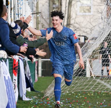 Louie Johnson of Walthamstow celebrates his hat trick which made it 5-2 during the Isthmian League North division match between Walthamstow and Felixstowe & Walton at Wadham Lodge