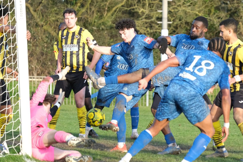 louie johnson of walthamstow scores against basildon united