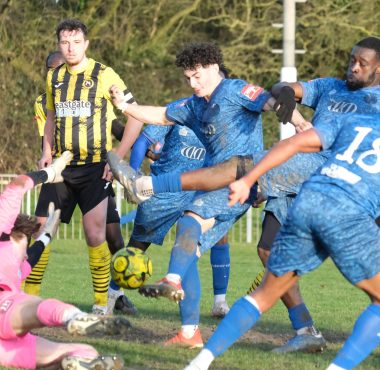 louie johnson of walthamstow scores against basildon united